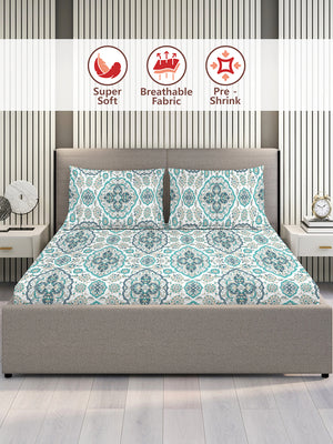 Glory 100% Cotton 144 TC Blue Ethnic Double Size Bedsheet with 2 Pillow Covers