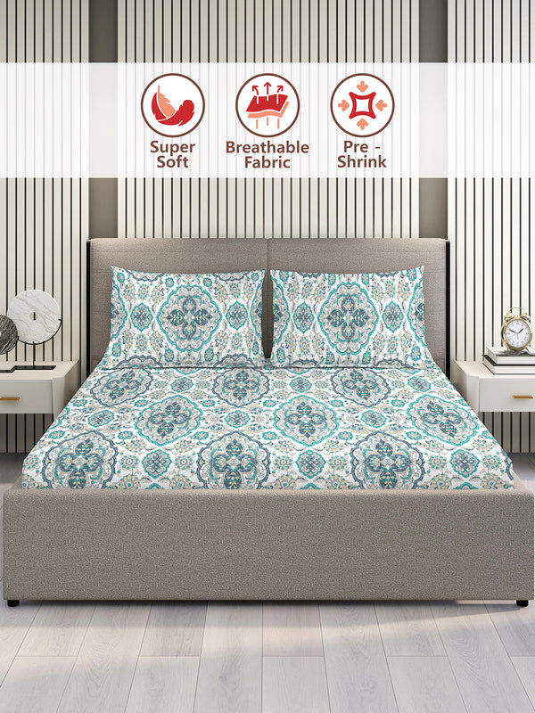 Glory 100% Cotton 144 TC Blue Ethnic Double Size Bedsheet with 2 Pillow Covers