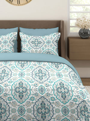 Glory 100% Cotton 144 TC Blue Ethnic Double Size Bedsheet with 2 Pillow Covers