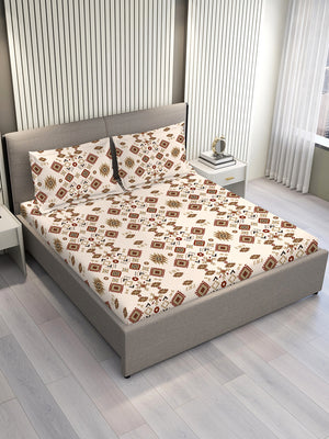 BasicX 100% Cotton 120 TC Beige Brown Ethnic King Size Bedsheet with 2 Pillow Covers