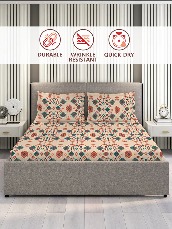 BasicX 100% Cotton 120 TC Beige Ethnic King Size Bedsheet with 2 Pillow Covers