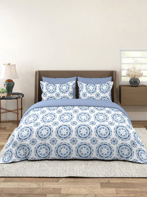 Lumina Floret 100% Cotton 144 TC Blue Geometrical Double Size Bedsheet with 2 Pillow Covers