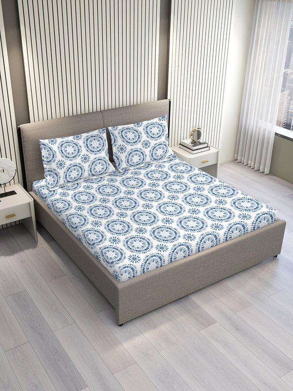 Lumina Floret 100% Cotton 144 TC Blue Geometrical Double Size Bedsheet with 2 Pillow Covers