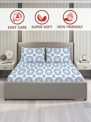 Lumina Floret 100% Cotton 144 TC Blue Geometrical Double Size Bedsheet with 2 Pillow Covers