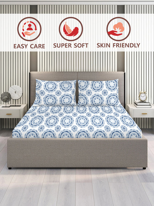 Lumina Floret 100% Cotton 144 TC Blue Geometrical Double Size Bedsheet with 2 Pillow Covers