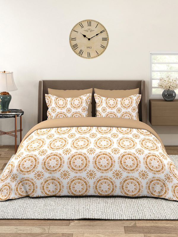 Home Easy 100% Cotton 144 TC White Beige Ethnic Double Size Bedsheet with 2 Pillow Covers