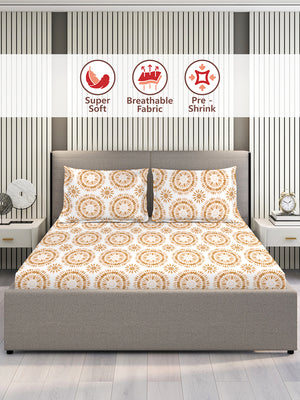 Home Easy 100% Cotton 144 TC White Beige Ethnic Double Size Bedsheet with 2 Pillow Covers