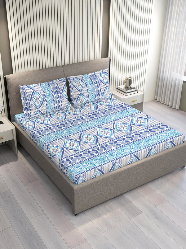 Home Easy 100% Cotton 144 TC Blue Ethnic Double Size Bedsheet with 2 Pillow Covers