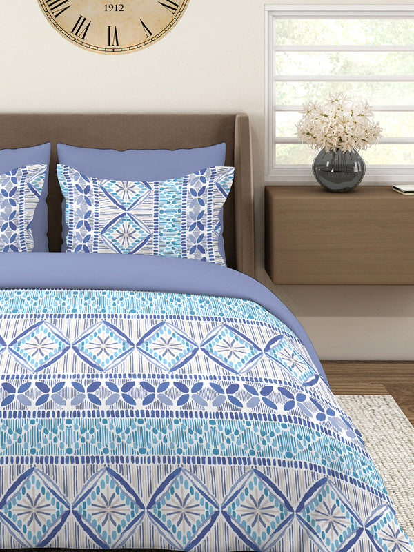 Home Easy 100% Cotton 144 TC Blue Ethnic Double Size Bedsheet with 2 Pillow Covers