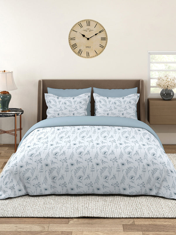 Home Easy 100% Cotton 144 TC Blue Floral Double Size Bedsheet with 2 Pillow Covers