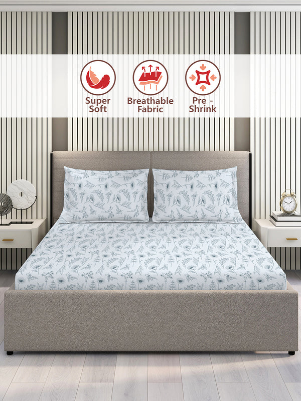 Home Easy 100% Cotton 144 TC Blue Floral Double Size Bedsheet with 2 Pillow Covers