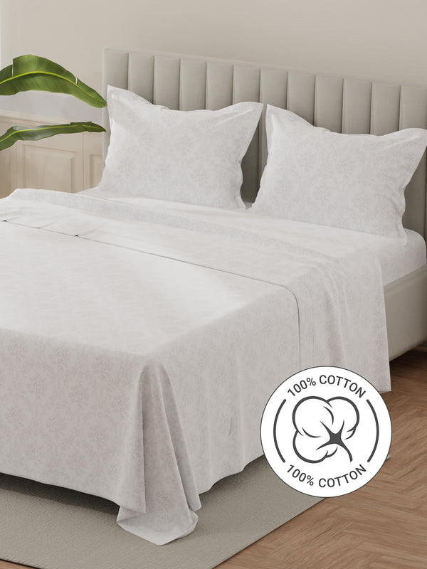 Lumina Floret 100% Cotton 144 TC White & Grey Floral King Bedsheet with 2 Pillow Covers