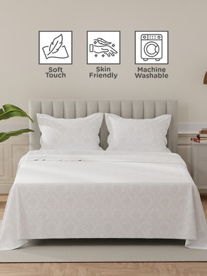 Lumina Floret 100% Cotton 144 TC White & Grey Floral King Bedsheet with 2 Pillow Covers