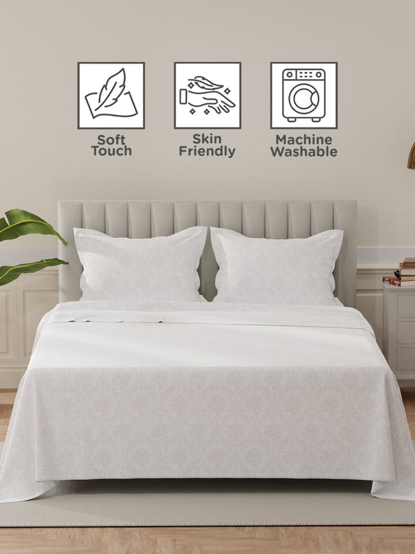 Lumina Floret 100% Cotton 144 TC White & Grey Floral King Bedsheet with 2 Pillow Covers