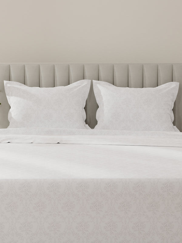 Lumina Floret 100% Cotton 144 TC White & Grey Floral King Bedsheet with 2 Pillow Covers