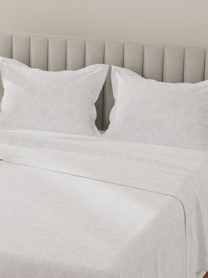 Lumina Floret 100% Cotton 144 TC White & Grey Floral King Bedsheet with 2 Pillow Covers
