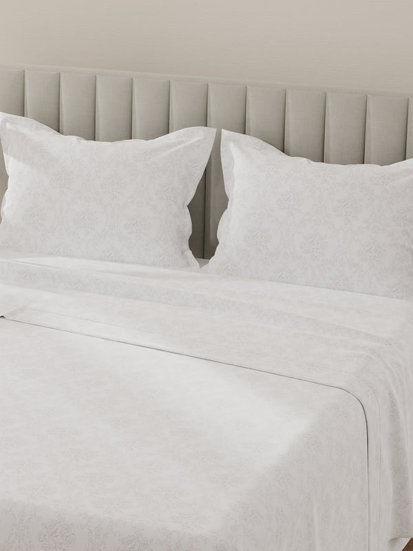Lumina Floret 100% Cotton 144 TC White & Grey Floral King Bedsheet with 2 Pillow Covers