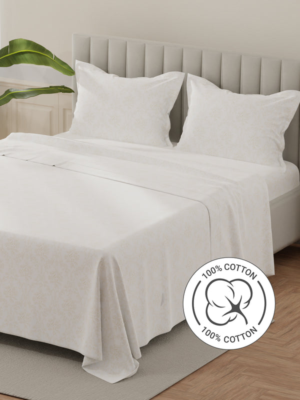 Lumina Floret 100% Cotton 144 TC White & Beige Floral King Bedsheet with 2 Pillow Covers