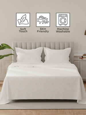 Lumina Floret 100% Cotton 144 TC White & Beige Floral King Bedsheet with 2 Pillow Covers