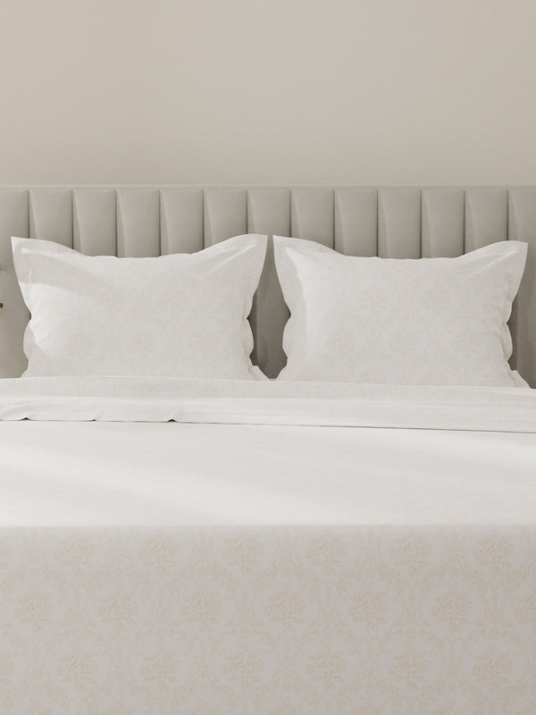 Lumina Floret 100% Cotton 144 TC White & Beige Floral King Bedsheet with 2 Pillow Covers