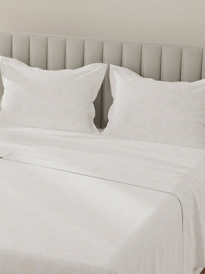 Lumina Floret 100% Cotton 144 TC White & Beige Floral King Bedsheet with 2 Pillow Covers
