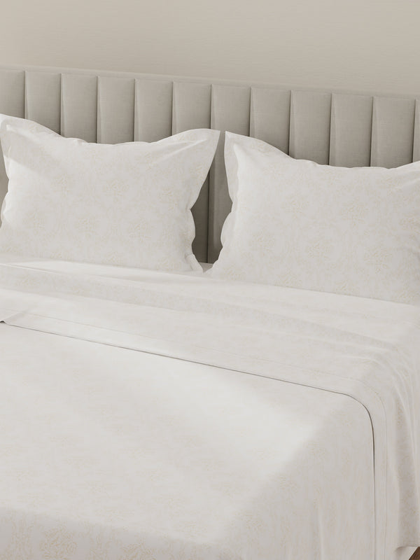Lumina Floret 100% Cotton 144 TC White & Beige Floral King Bedsheet with 2 Pillow Covers