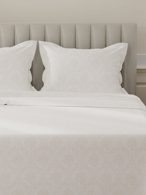 Lumina Floret 100% Cotton 144 TC White & Beige Floral King Bedsheet with 2 Pillow Covers