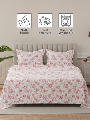 Lumina Floret 100% Cotton 144 TC Pink & White Floral King Bedsheet with 2 Pillow Covers