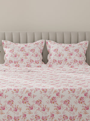 Lumina Floret 100% Cotton 144 TC Pink & White Floral King Bedsheet with 2 Pillow Covers