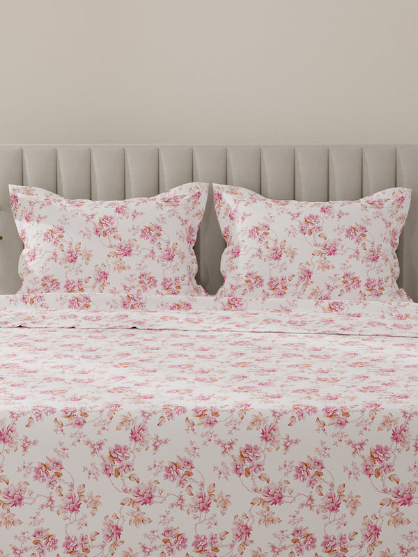 Lumina Floret 100% Cotton 144 TC Pink & White Floral King Bedsheet with 2 Pillow Covers