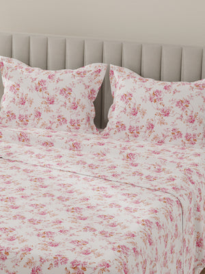 Lumina Floret 100% Cotton 144 TC Pink & White Floral King Bedsheet with 2 Pillow Covers