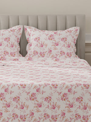 Lumina Floret 100% Cotton 144 TC Pink & White Floral King Bedsheet with 2 Pillow Covers
