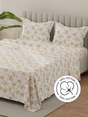 Lumina Floret 100% Cotton 144 TC Orange & White Floral King Bedsheet with 2 Pillow Covers