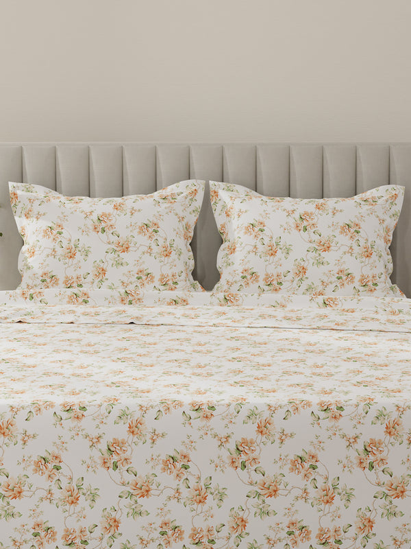 Lumina Floret 100% Cotton 144 TC Orange & White Floral King Bedsheet with 2 Pillow Covers