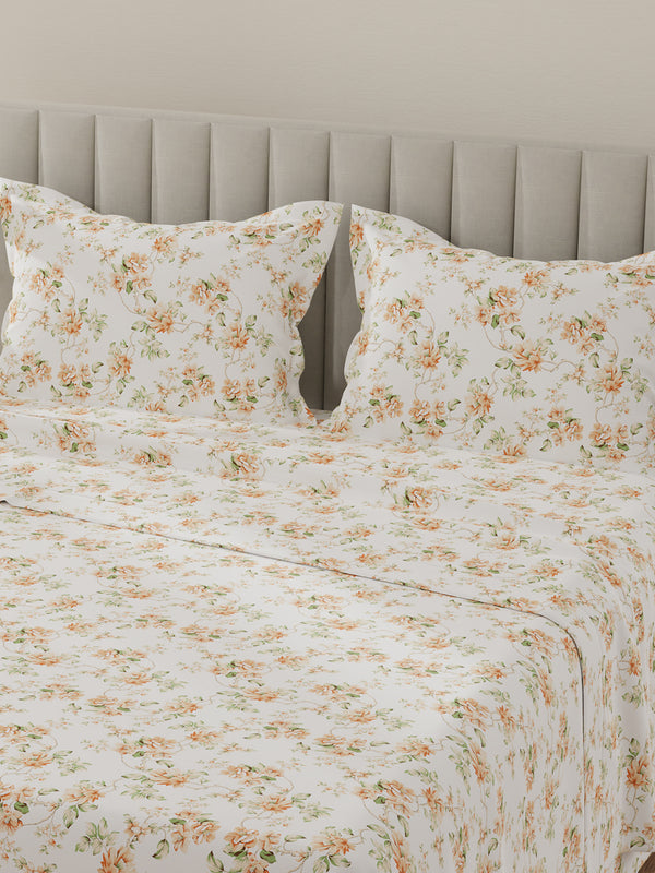 Lumina Floret 100% Cotton 144 TC Orange & White Floral King Bedsheet with 2 Pillow Covers