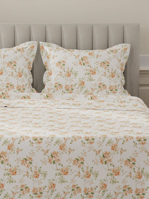 Lumina Floret 100% Cotton 144 TC Orange & White Floral King Bedsheet with 2 Pillow Covers