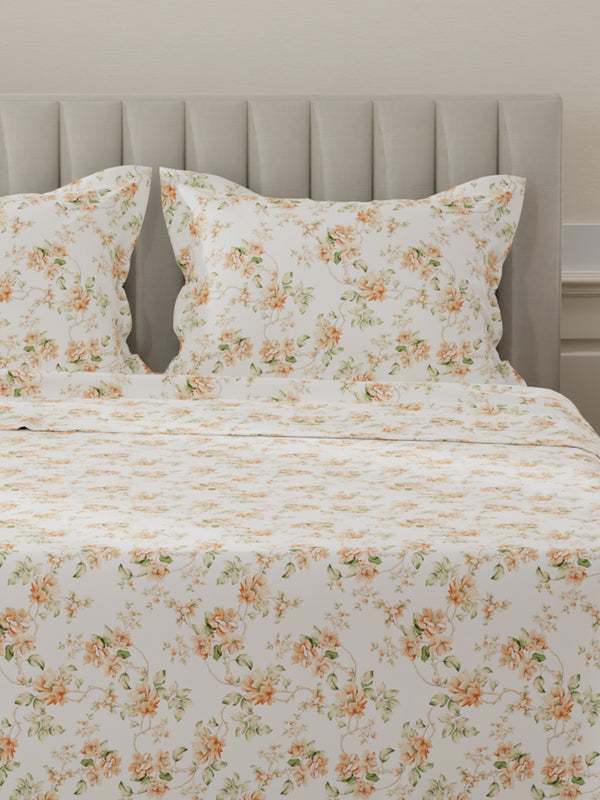 Lumina Floret 100% Cotton 144 TC Orange & White Floral King Bedsheet with 2 Pillow Covers