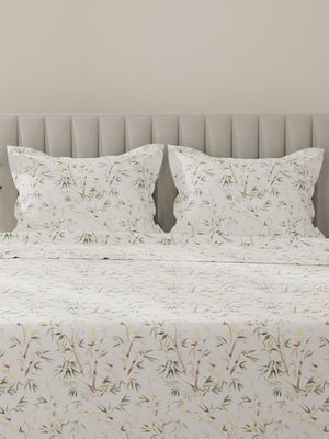 Lumina Floret 100% Cotton 144 TC Green & White Floral King Bedsheet with 2 Pillow Covers