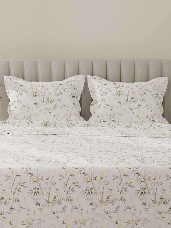 Lumina Floret 100% Cotton 144 TC Green & White Floral King Bedsheet with 2 Pillow Covers