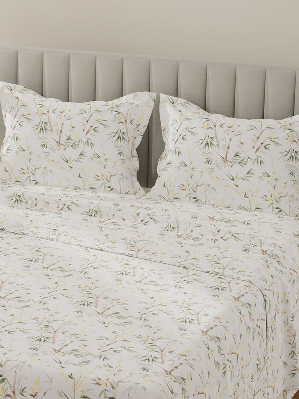 Lumina Floret 100% Cotton 144 TC Green & White Floral King Bedsheet with 2 Pillow Covers