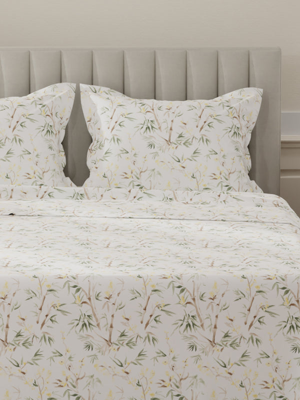 Lumina Floret 100% Cotton 144 TC Green & White Floral King Bedsheet with 2 Pillow Covers