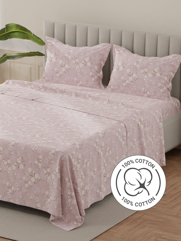 Lumina Floret 100% Cotton 144 TC Light Pink Floral King Bedsheet with 2 Pillow Covers