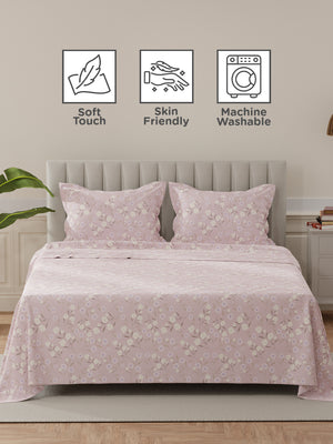 Lumina Floret 100% Cotton 144 TC Light Pink Floral King Bedsheet with 2 Pillow Covers
