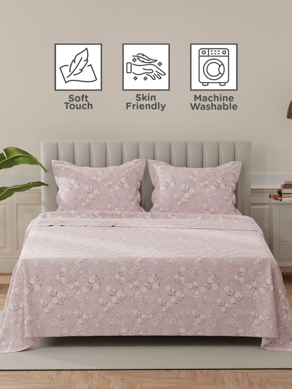 Lumina Floret 100% Cotton 144 TC Light Pink Floral King Bedsheet with 2 Pillow Covers