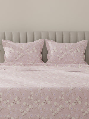 Lumina Floret 100% Cotton 144 TC Light Pink Floral King Bedsheet with 2 Pillow Covers