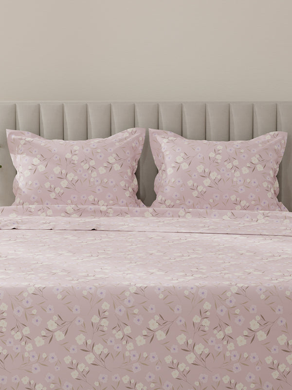 Lumina Floret 100% Cotton 144 TC Light Pink Floral King Bedsheet with 2 Pillow Covers