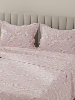 Lumina Floret 100% Cotton 144 TC Light Pink Floral King Bedsheet with 2 Pillow Covers