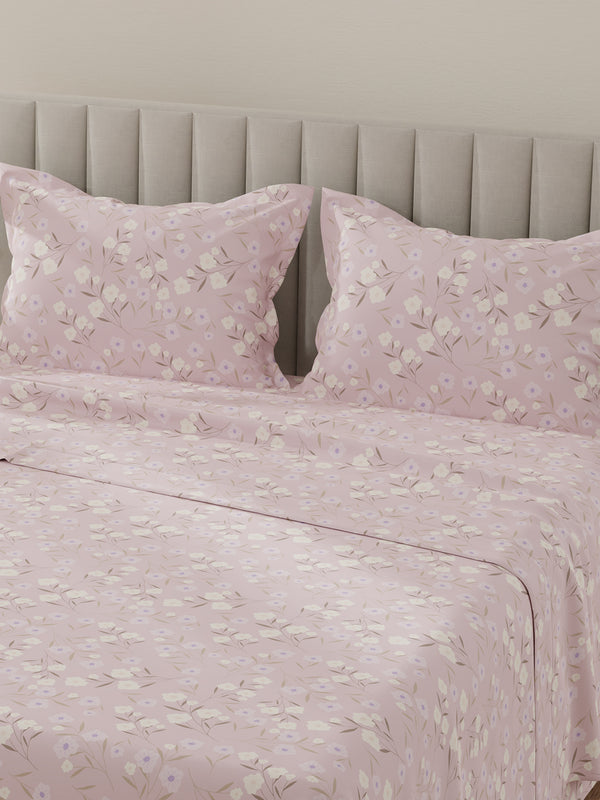 Lumina Floret 100% Cotton 144 TC Light Pink Floral King Bedsheet with 2 Pillow Covers