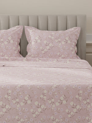 Lumina Floret 100% Cotton 144 TC Light Pink Floral King Bedsheet with 2 Pillow Covers