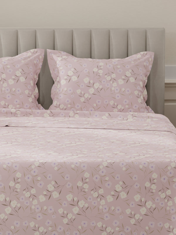 Lumina Floret 100% Cotton 144 TC Light Pink Floral King Bedsheet with 2 Pillow Covers